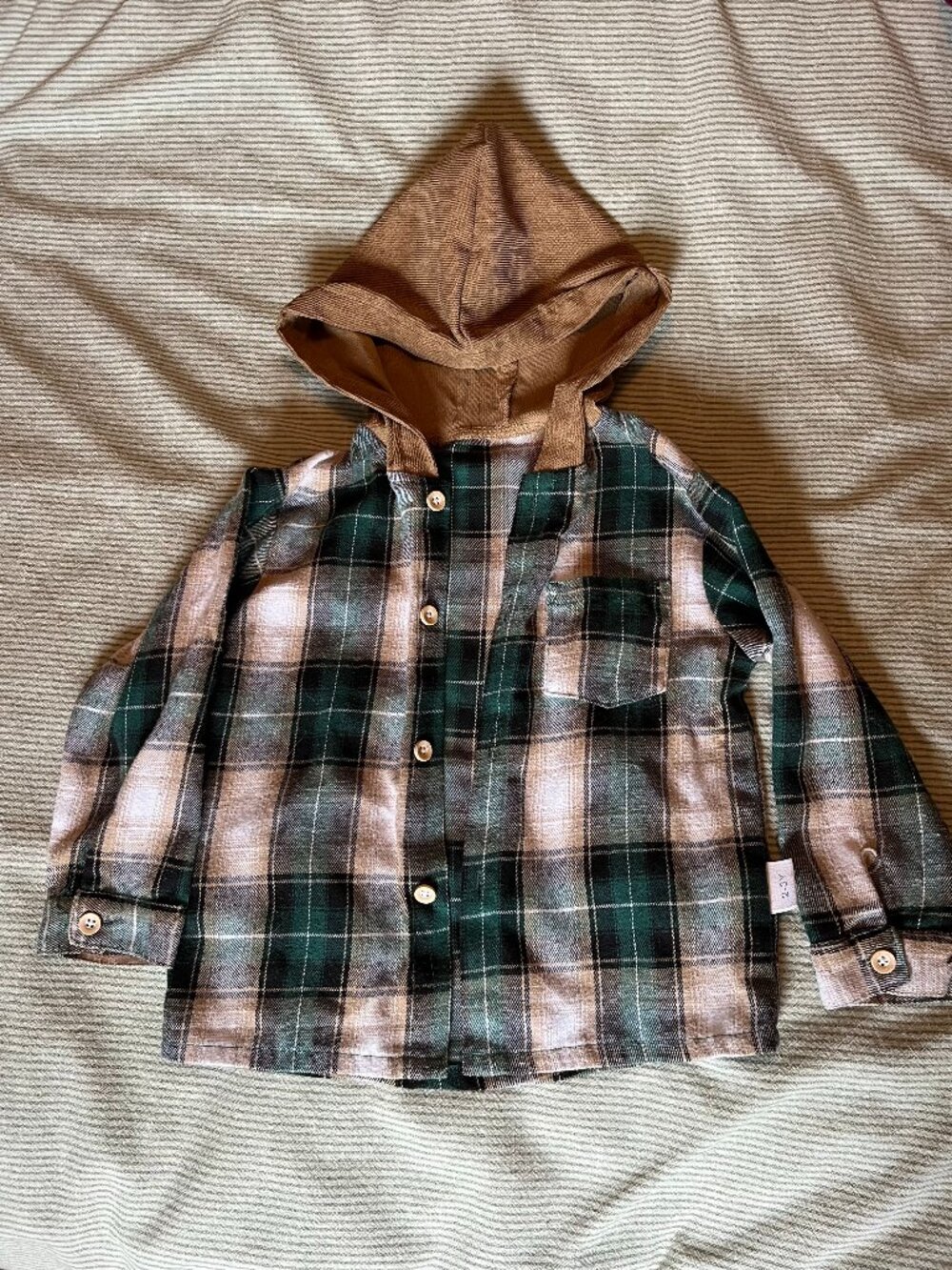 Toddler Hooded Flannel Shacket - Green/Tan Plaid - Size 2-3Y